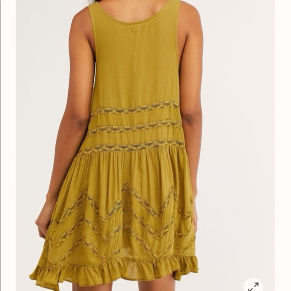 INTIMATELY FREE PEOPLE ELEGANT BOHO MUSTARD LACE SLEEVELESS BLUE POLKA DOT DRESS - Picture 3 of 8
